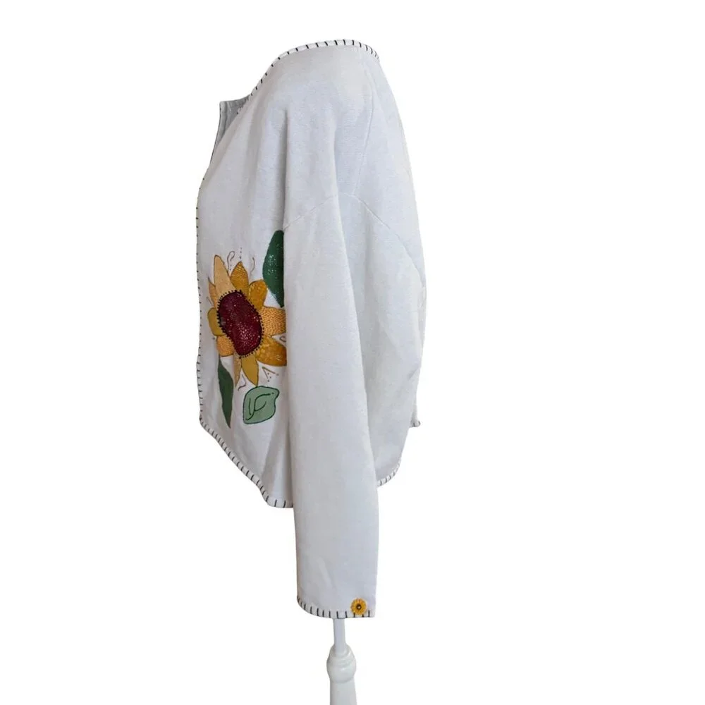 Hand-Painted Sunflower Cardigan Sweater Open Front White Lightweight Womens Larg - Picture 4 of 5